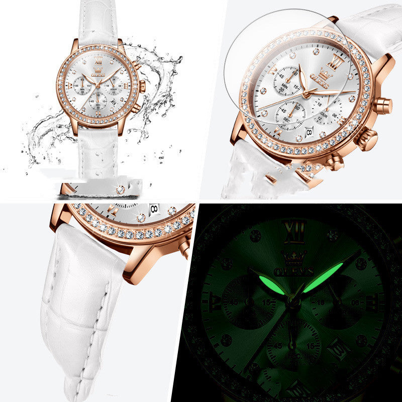 Women's Quartz Watch With Diamond Inlaid Multi-function Timing