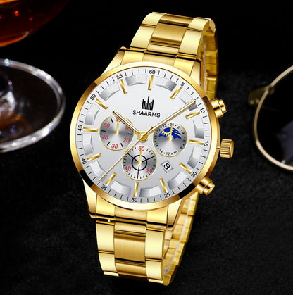 Reloj de cuarzo elegante con calendario de tres ojos y esfera grande y redonda