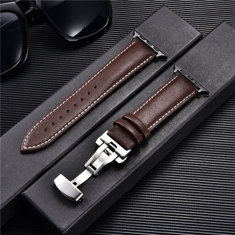 Compatible with Apple, Strap Watch First Layer Leather Butterfly Buckle Strap Iwatch6se