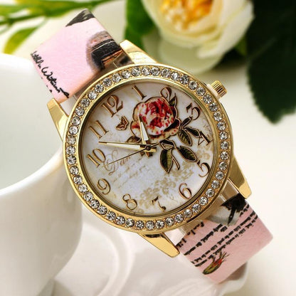 Reloj de cuarzo para mujer con estampado de flores de estilo chino
