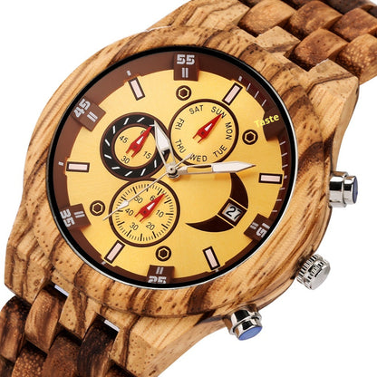 New Multi-functional Calendar Full Wood Band Quartz Watch