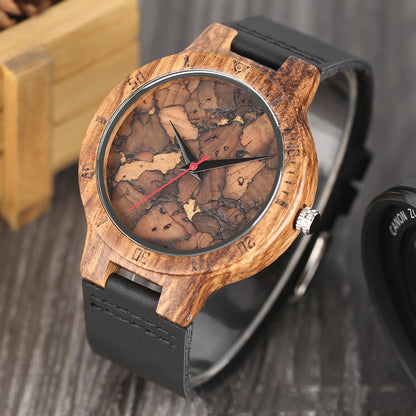 Reloj informal de madera para hombre con esfera de madera y hojas rotas