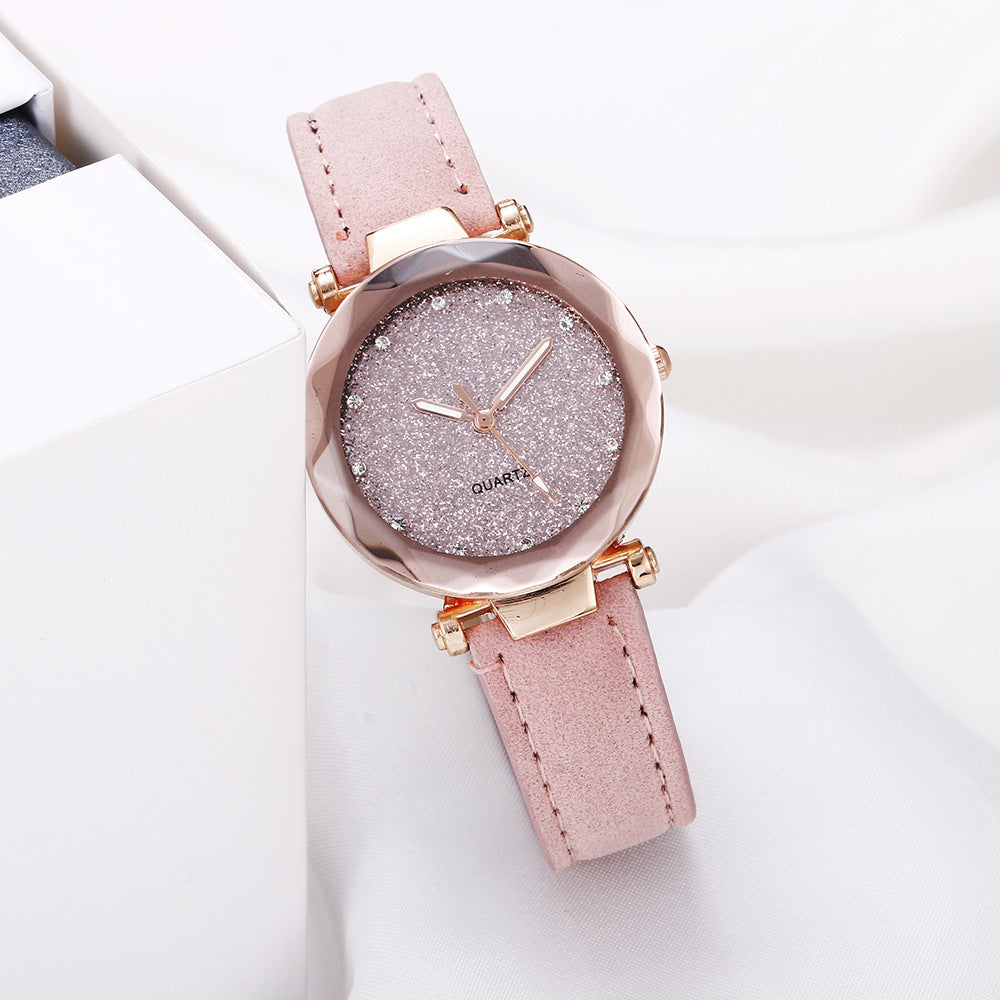 Reloj de pulsera informal para mujer, romántico, con diseño de cielo estrellado, de cuero y diamantes de imitación