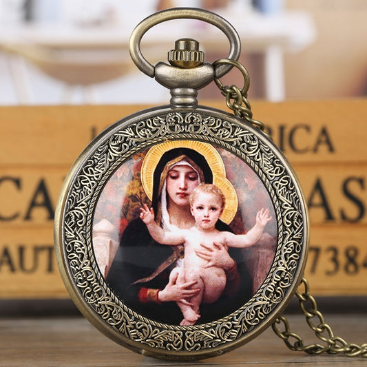 Reloj de bolsillo grande con motivo de la Virgen María y Jesús