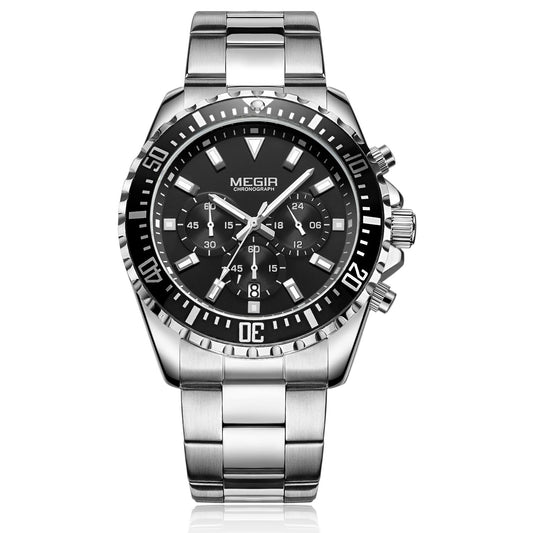 MEGIR Impermeable Hombres Cronógrafo Luminoso Reloj De Pulsera De Cuarzo Banda De Acero - Plata / Negro