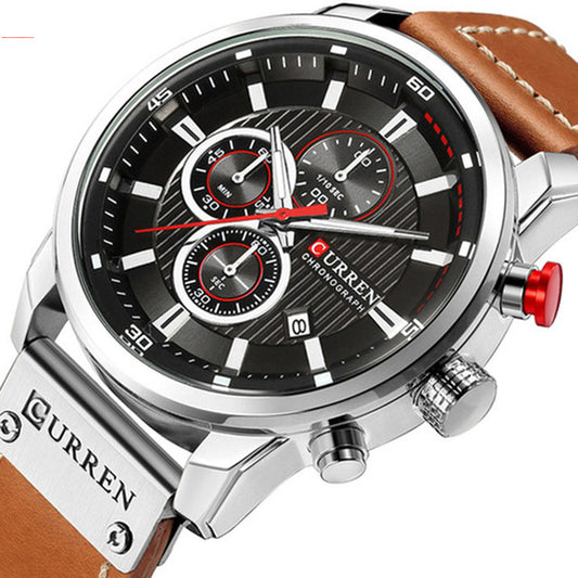 CURREN Men's Fashionable Watch 6-Pin Quartz Watch Leather Strap Automatic Date Indicator Watch - White/Black