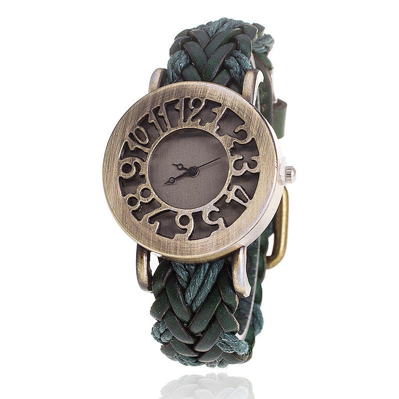 Reloj de pulsera con cabeza hueca retro de cuero tejido, reloj de mujer