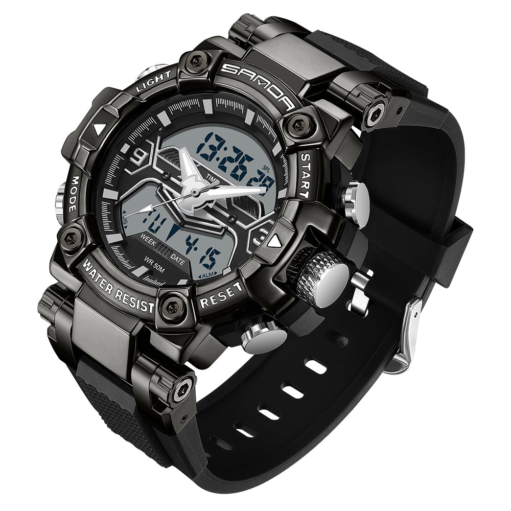 SANDA 3186 Fashionable Cool Luminous Display Watch Multifunction 50m Waterproof Electronic Watch - Black / White