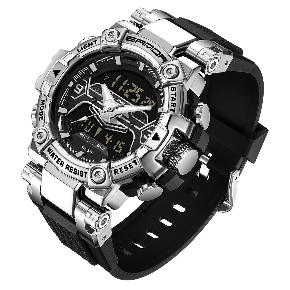 SANDA 3186 Fashionable Cool Luminous Display Watch Multifunction 50m Waterproof Electronic Watch - Black / White