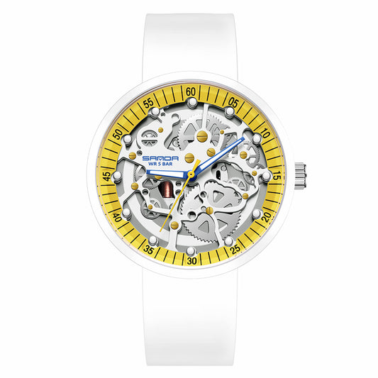 SANDA 3215 Fashionable Multi-Layer Gear Electronic Watch Night Vision Fluorescence 50m Waterproof Watch - White / Yellow