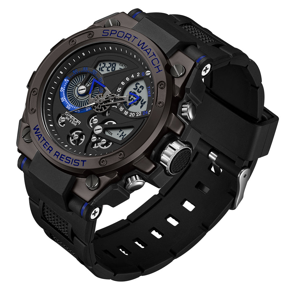 SANDA 9020 Luminous Watch Multifunction Analog Digital Dual Time Display Wrist Watch - Black Blue