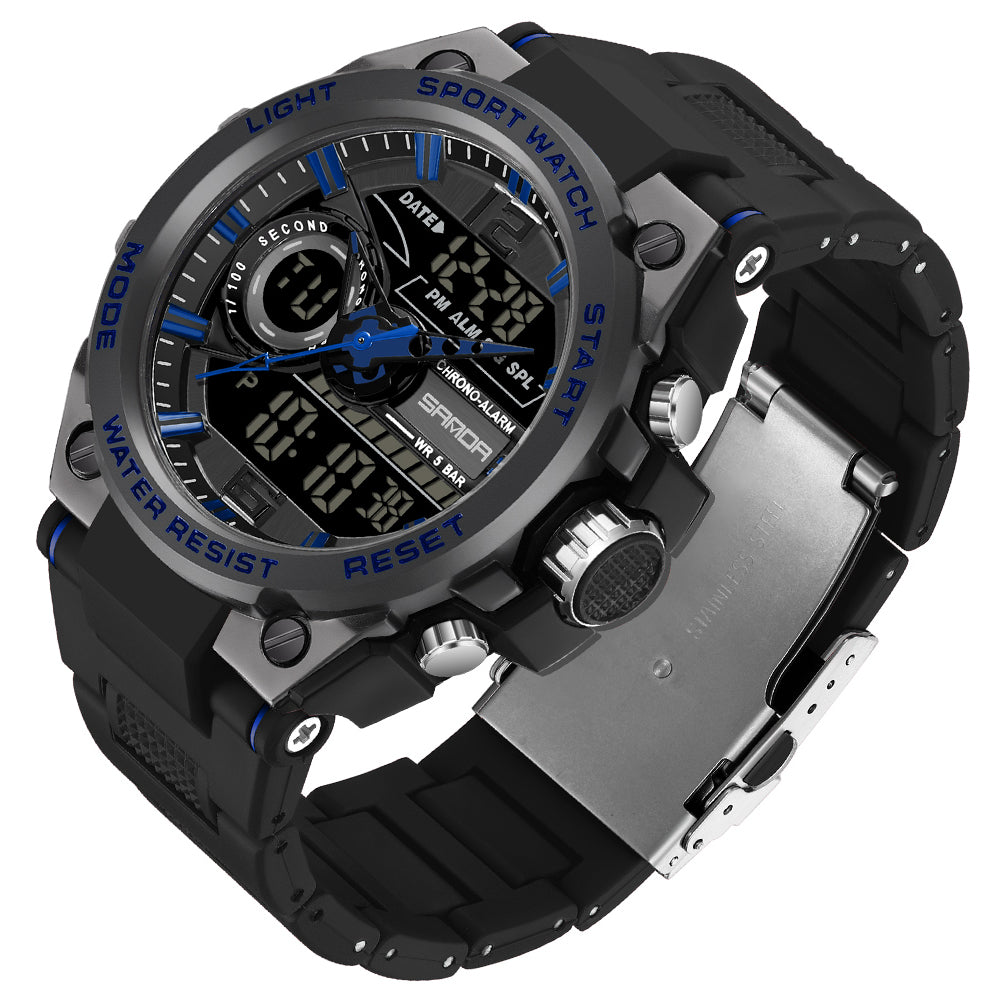 SANDA 9010 Casual Luminous Wrist Watch Analog Digital Sports Electronic Watch - Black+Blue