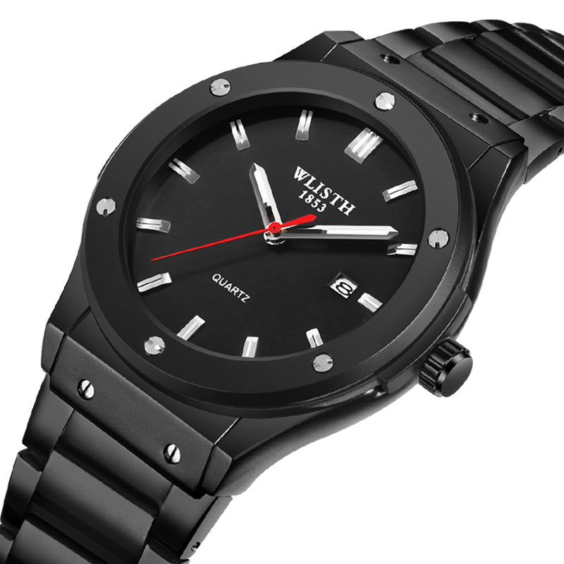 WLISTH S939 Sports Quartz Watch Luminous Daily Life Waterproof Wrist Bracelet Watch with Calendar Display - Black Steel Strap