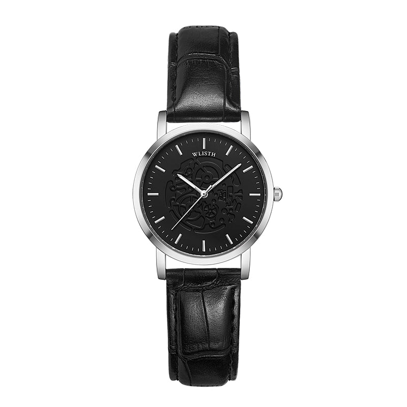 WLISTH S534 Fashion Couple Analog Quartz Watch Leather Strap Luminous Wrist Watch - Silver Case / Black Dial / Black Strap / Women