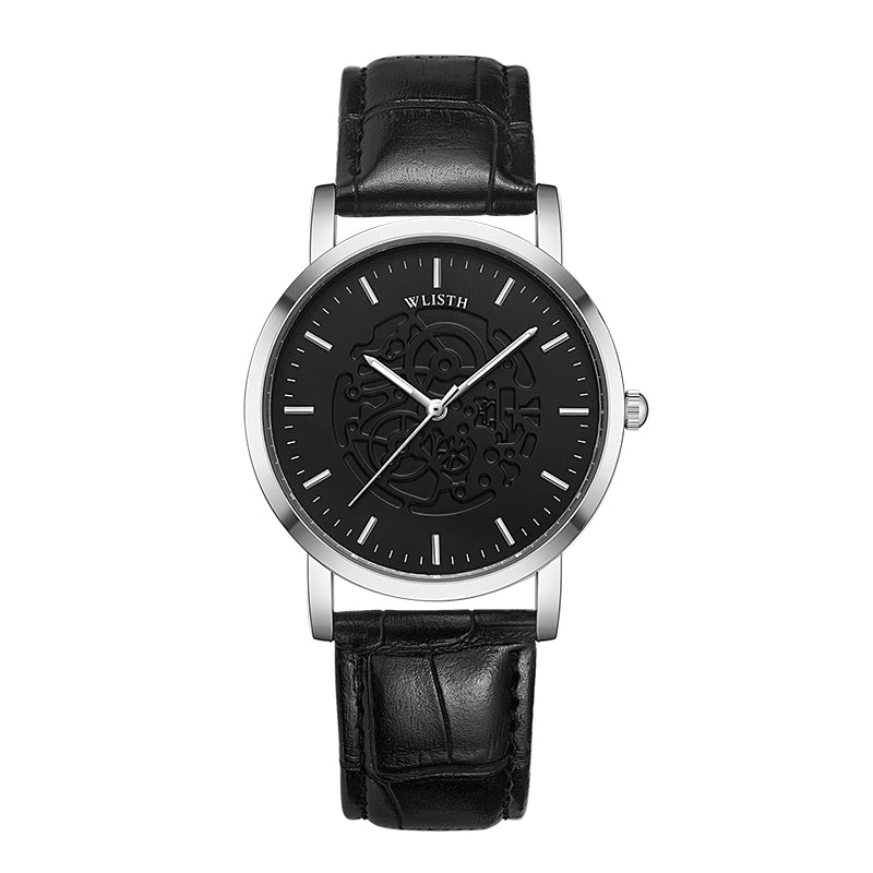 WLISTH S534 Fashion Couple Analog Quartz Watch Leather Strap Luminous Wrist Watch - Silver Case / Black Dial / Black Strap / Women