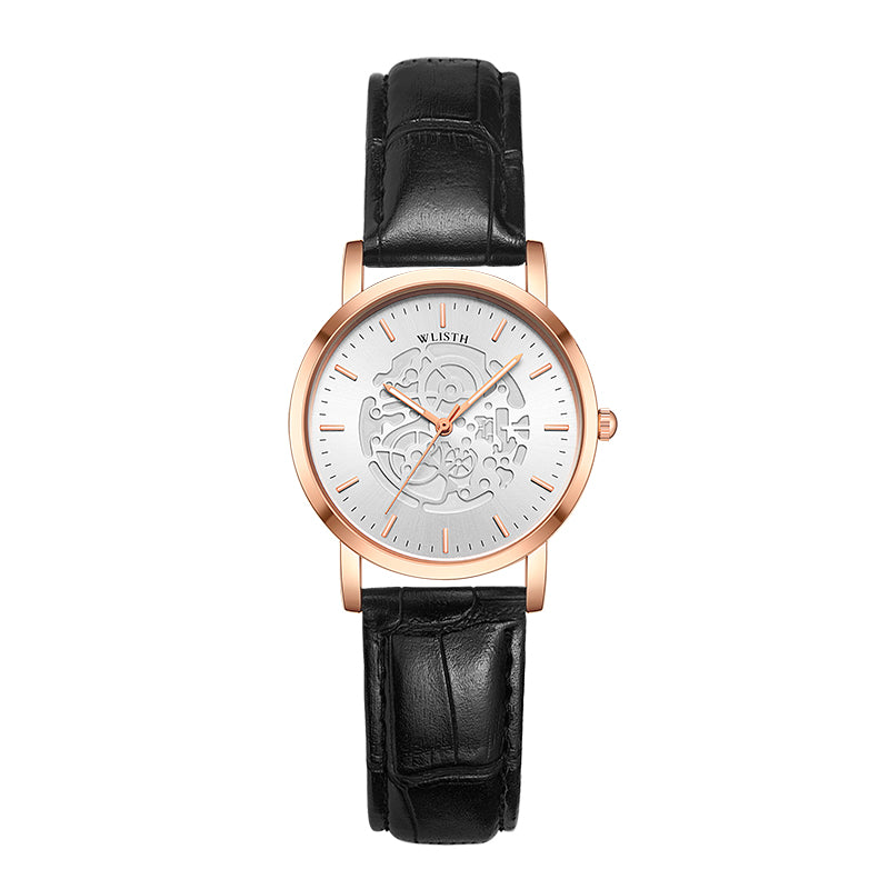 WLISTH S534 Fashion Couple Analog Quartz Watch Leather Strap Luminous Wrist Watch - Silver Case / Black Dial / Black Strap / Women