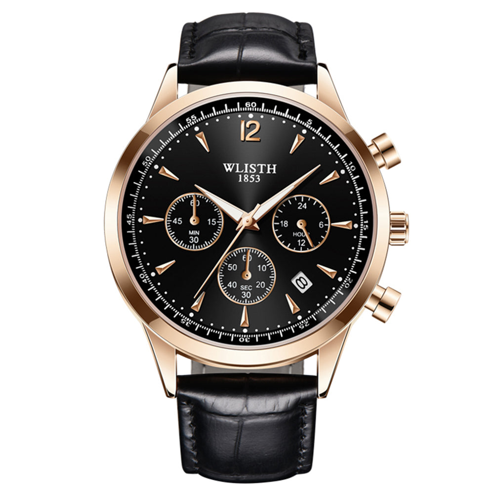 WLISTH S953 Multi-function Business Style Quartz Watch with Calendar Luminous Pointer Quartz Watch - Rose Gold / Black / Black Leather Strap