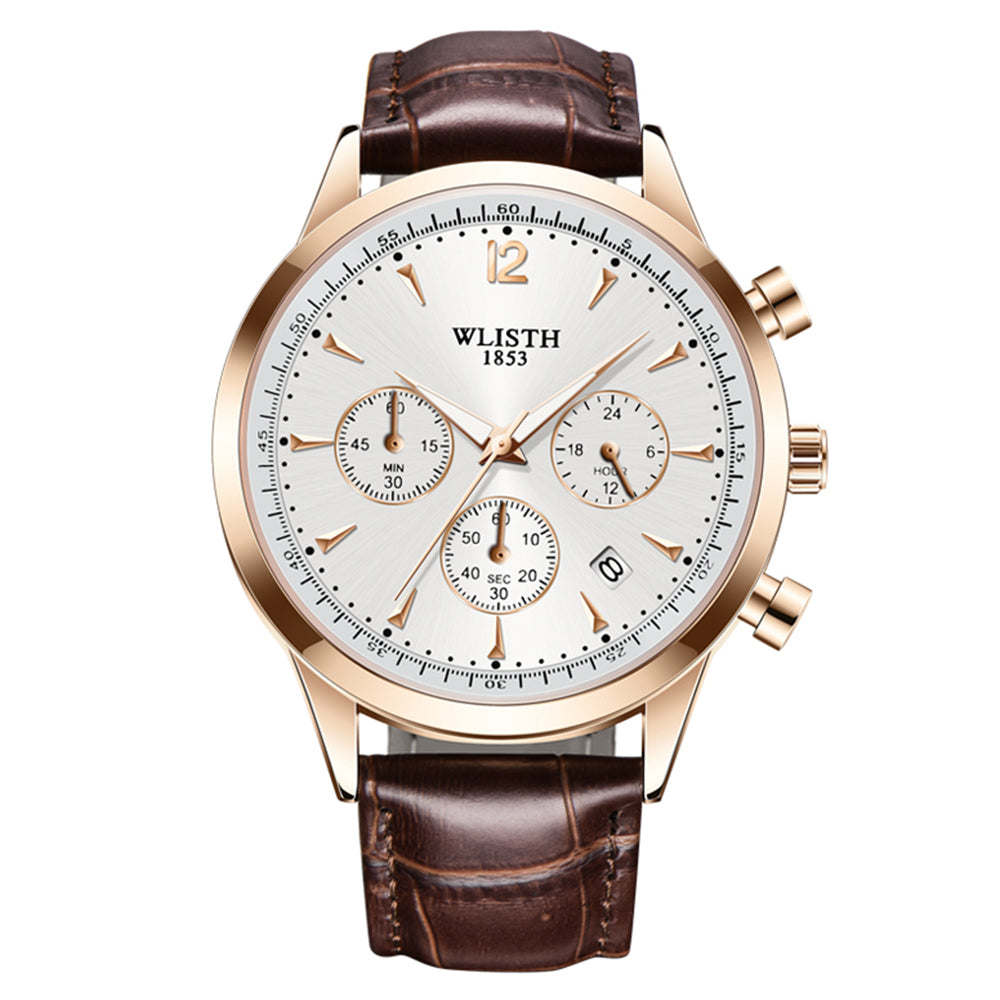 WLISTH S953 Multi-function Business Style Quartz Watch with Calendar Luminous Pointer Quartz Watch - Rose Gold / Black / Black Leather Strap