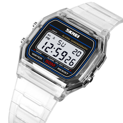 SKMEI 2056 Fashion Square Wrist Watch TPU Strap EL Backlight Electronic Watch - Transparent Blue / Blue Strap