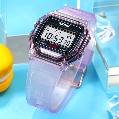 SKMEI 2056 Fashion Square Wrist Watch TPU Strap EL Backlight Electronic Watch - Transparent Blue / Blue Strap