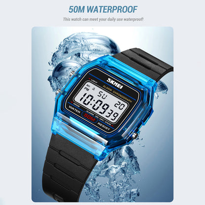 SKMEI 2056 Fashion Square Wrist Watch TPU Strap EL Backlight Electronic Watch - Transparent Blue / Blue Strap