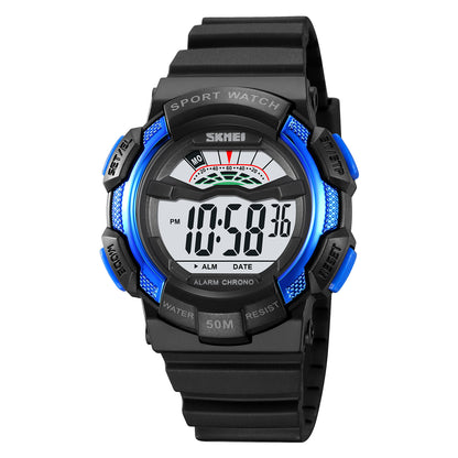 SKMEI 2153 50m Waterproof Wrist Watch TPU Strap EL Backlight Electronic Watch - Black+Blue / White Dial