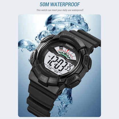 SKMEI 2153 50m Waterproof Wrist Watch TPU Strap EL Backlight Electronic Watch - Black+Blue / White Dial