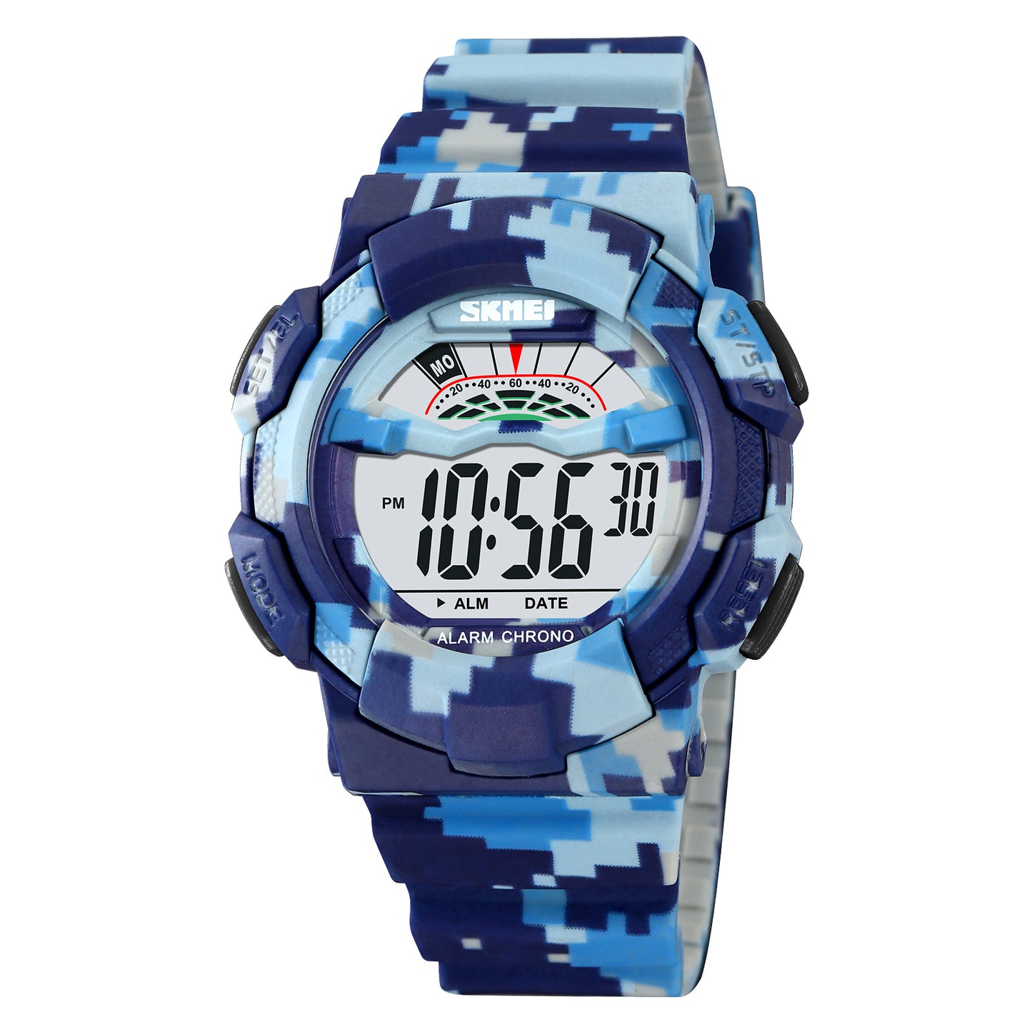 SKMEI 2153 50m Waterproof Wrist Watch TPU Strap EL Backlight Electronic Watch - Black+Blue / White Dial