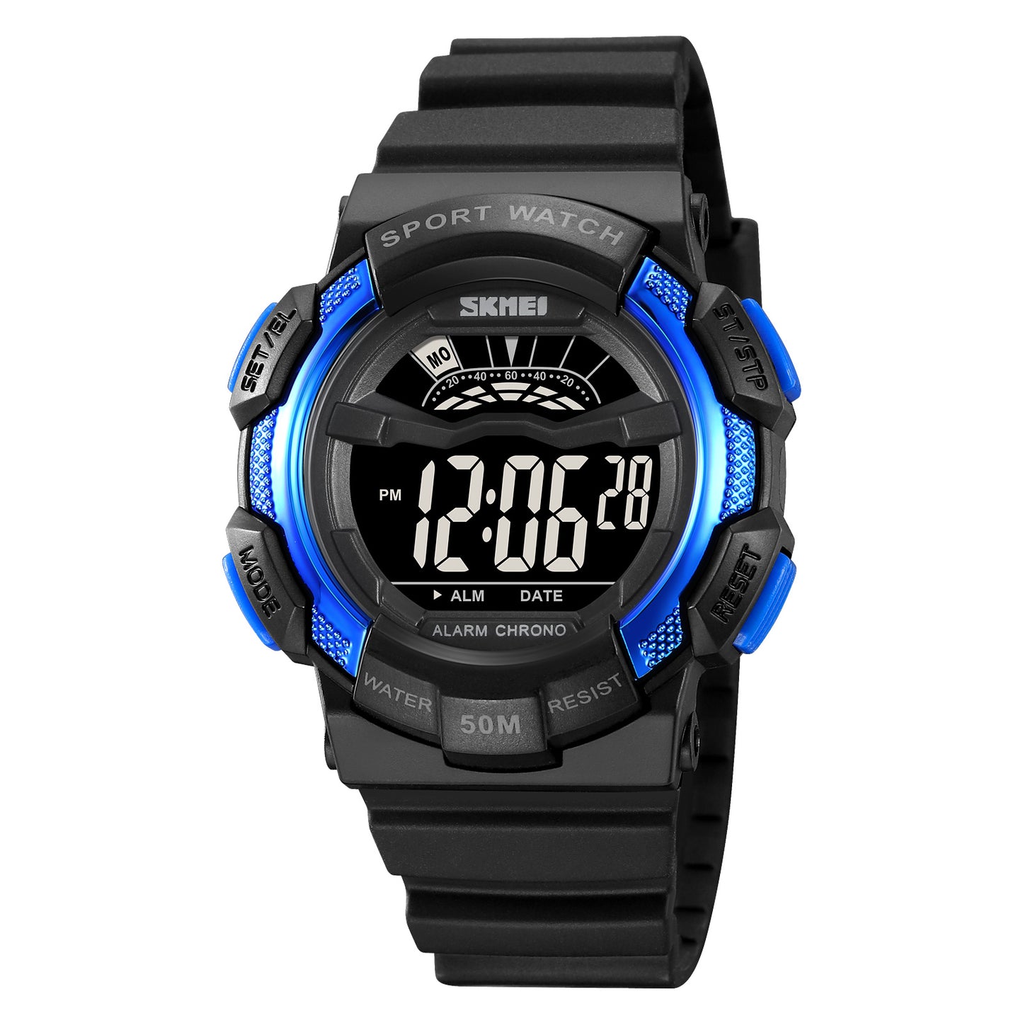 SKMEI 2153 50m Waterproof Wrist Watch TPU Strap EL Backlight Electronic Watch - Black+Blue / White Dial