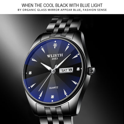 WLISTH S520 Date Week Display Luminous Quartz Wrist Watch for Men Women - Black Dial+Silver Strap / Men