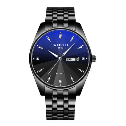 WLISTH S520 Date Week Display Luminous Quartz Wrist Watch for Men Women - Black Dial+Silver Strap / Men