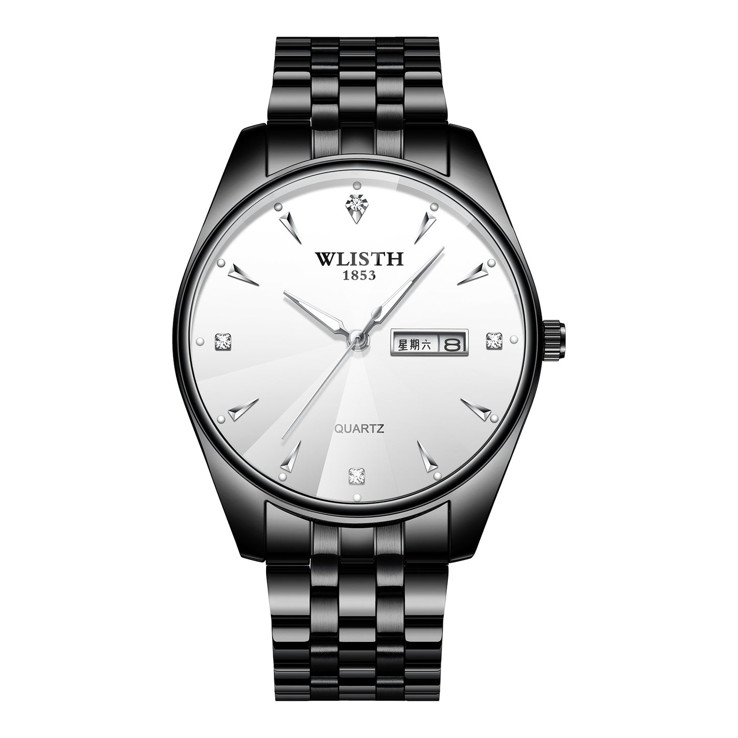 WLISTH S520 Date Week Display Luminous Quartz Wrist Watch for Men Women - Black Dial+Silver Strap / Men