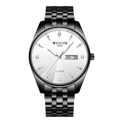 WLISTH S520 Date Week Display Luminous Quartz Wrist Watch for Men Women - Black Dial+Silver Strap / Men