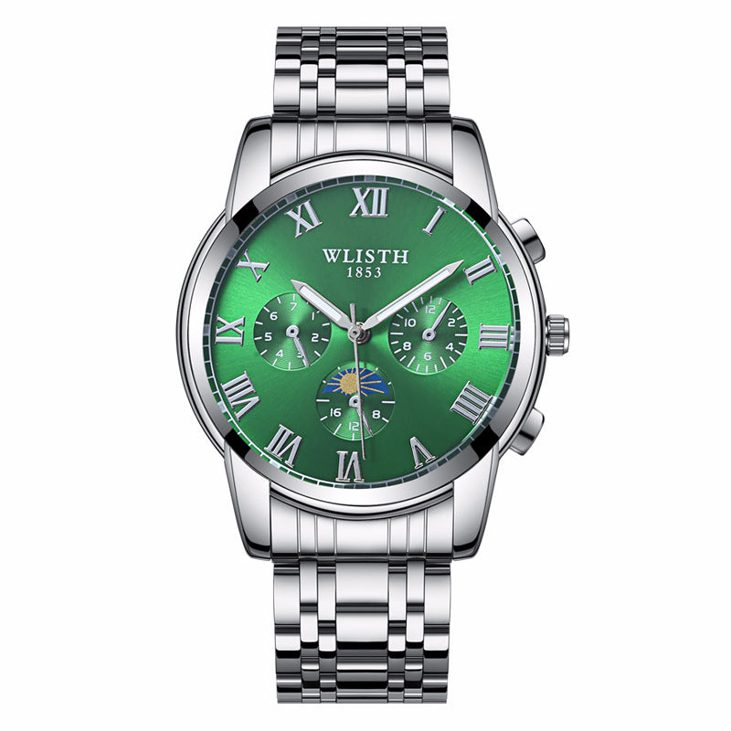 WLISTH S509 Business Men Luminous Quartz Watch with 3 Decorative Small Dials - Silver Case+Green Dial+Steel Strap