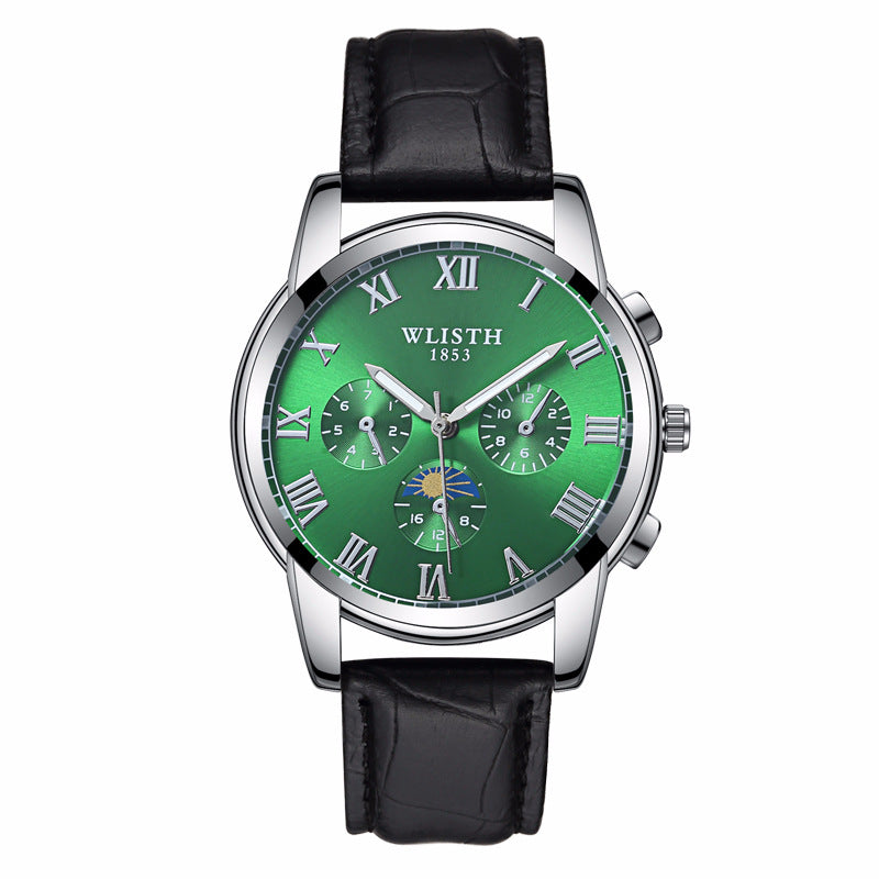 WLISTH S509 Business Men Luminous Quartz Watch with 3 Decorative Small Dials - Silver Case+Green Dial+Steel Strap