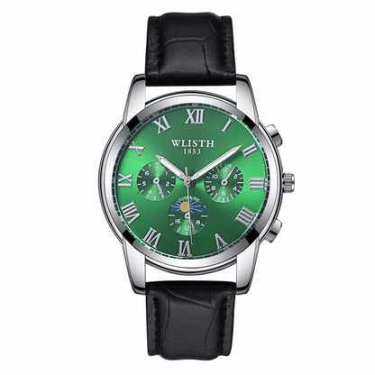 WLISTH S509 Business Men Luminous Quartz Watch with 3 Decorative Small Dials - Silver Case+Green Dial+Steel Strap