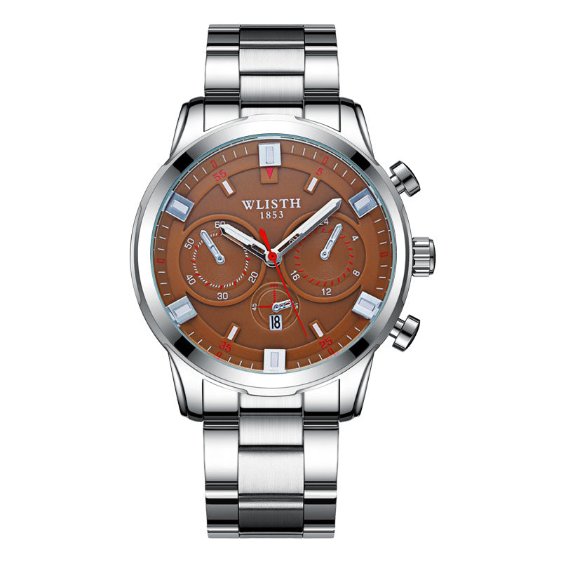 WLISTH S508 Men Calendar Luminous Quartz Watch with 3 Decorative Dials - Silver Case+Brown Dial+Steel Strap