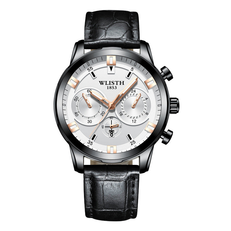 WLISTH S508 Men Calendar Luminous Quartz Watch with 3 Decorative Dials - Silver Case+Brown Dial+Steel Strap