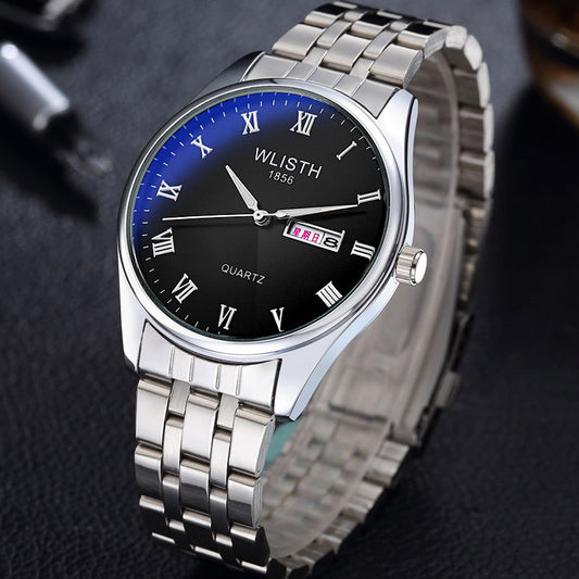 WLISTH S502 Blue Light Glass Calendar Display Waterproof Quartz Watch - Black+Silver / For Men