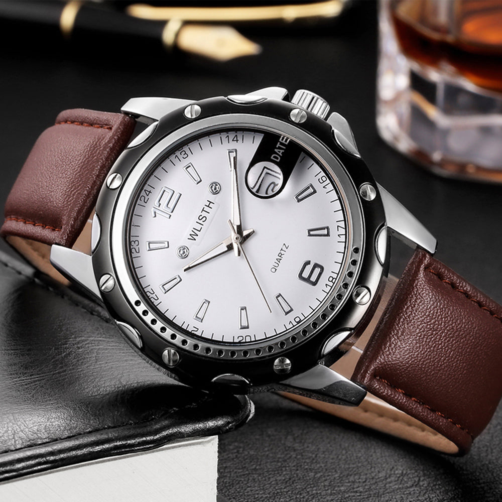 WLISTH S504 Business Men Date Display Luminous Analog Quartz Wrist Watch - White Dial+Steel Strap