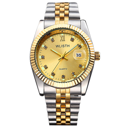 WLISTH Q354 Calendar Display Luminous Couple Quartz Watch with Steel Strap - Gold Splicing Strap+Gold Dial / Men