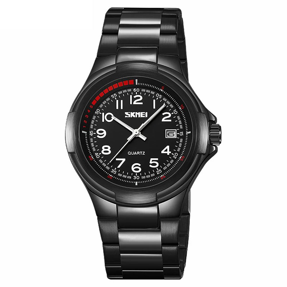 SKMEI 9320 Vintage Date Display Luminous Pointer Quartz Watch with Stainless Steel Strap - Black+Black