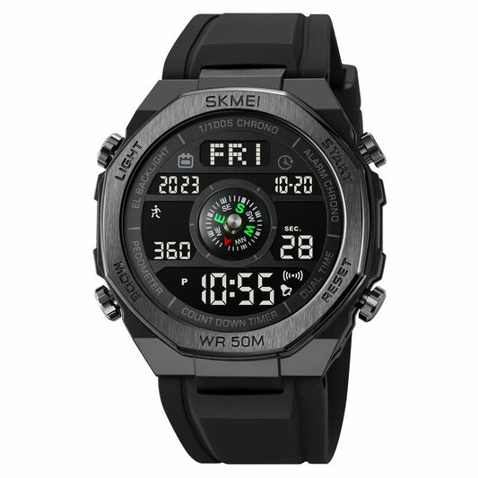 SKMEI 2209 Outdoor Sports Watch Student Waterproof Pedometer Compass Electronic Watch - Black / Black Dial