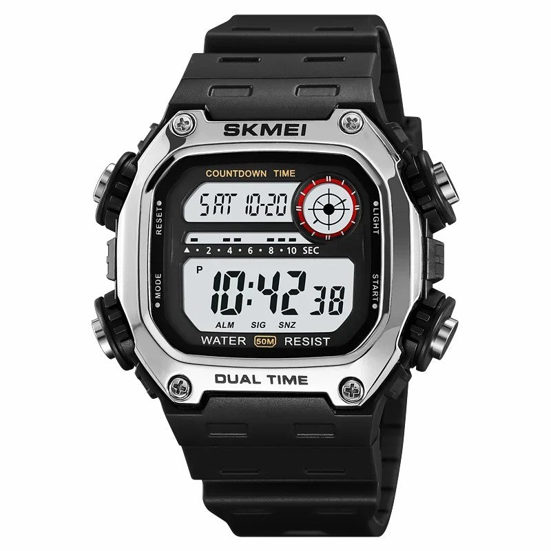 SKMEI 2126 Teenager Student Square Digital Watch Luminous Waterproof Sports Electronic Watch - Black Strap / Silver Case / White Dial