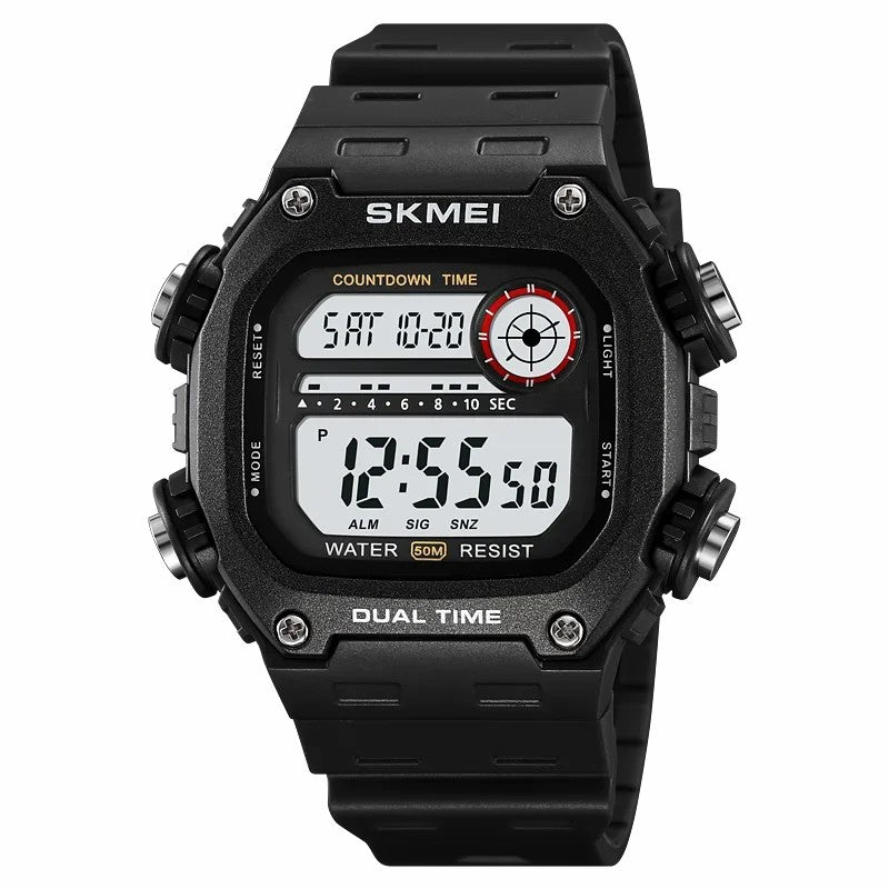 SKMEI 2126 Teenager Student Square Digital Watch Luminous Waterproof Sports Electronic Watch - Black Strap / Silver Case / White Dial