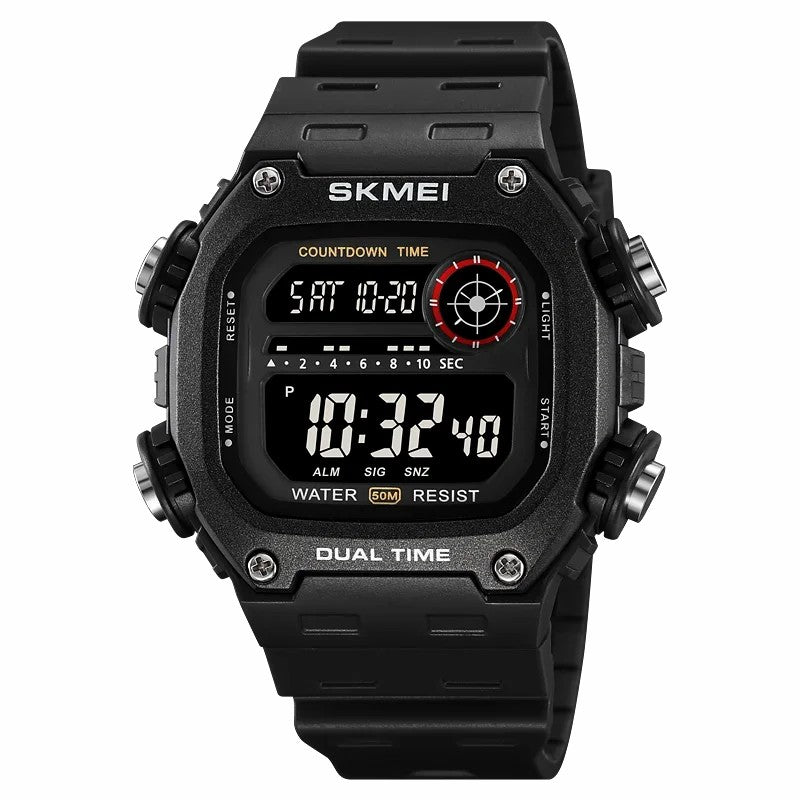 SKMEI 2126 Teenager Student Square Digital Watch Luminous Waterproof Sports Electronic Watch - Black Strap / Silver Case / White Dial