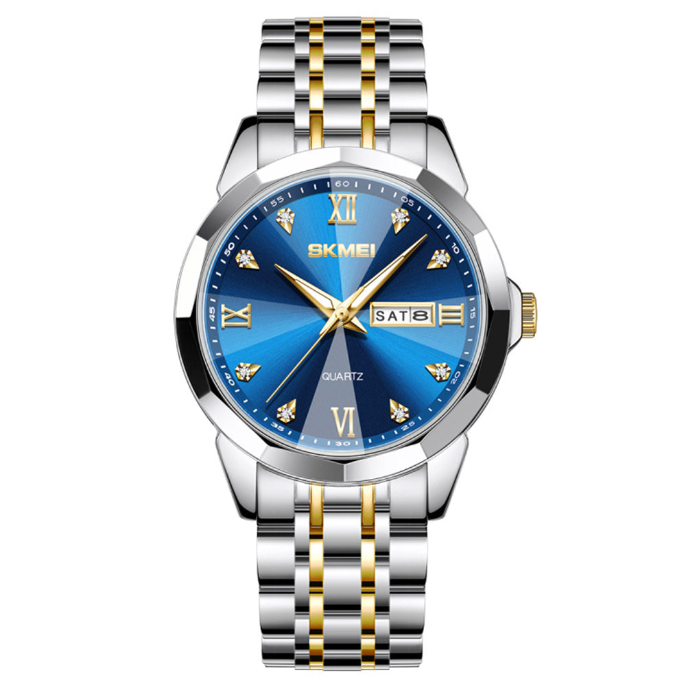 SKMEI 7070 Weekday Date Display Stainless Steel Strap Quartz Wrist Watch for Men / Women - Gold Splicing+Blue / Men