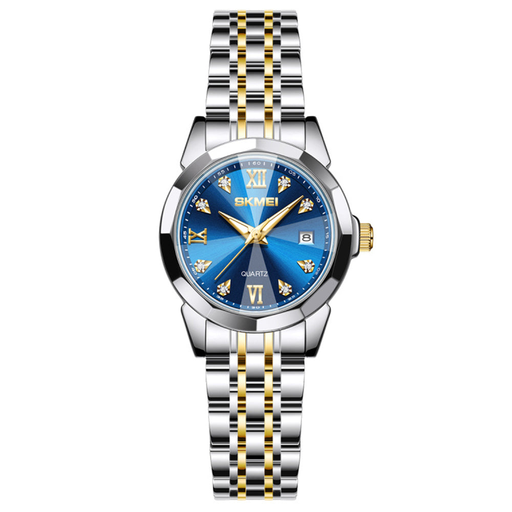 SKMEI 7070 Weekday Date Display Stainless Steel Strap Quartz Wrist Watch for Men / Women - Gold Splicing+Blue / Men