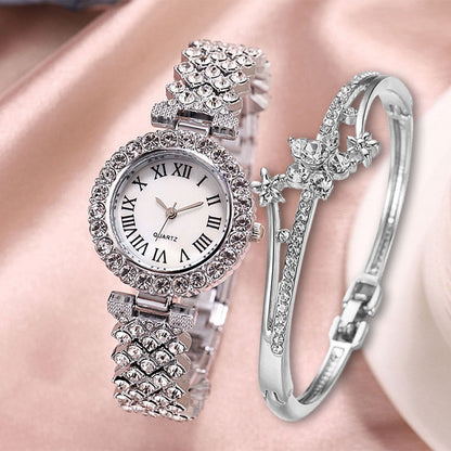 Reloj de cuarzo con diamantes de lujo y moda, pulsera de diamantes de doble capa, 2 piezas