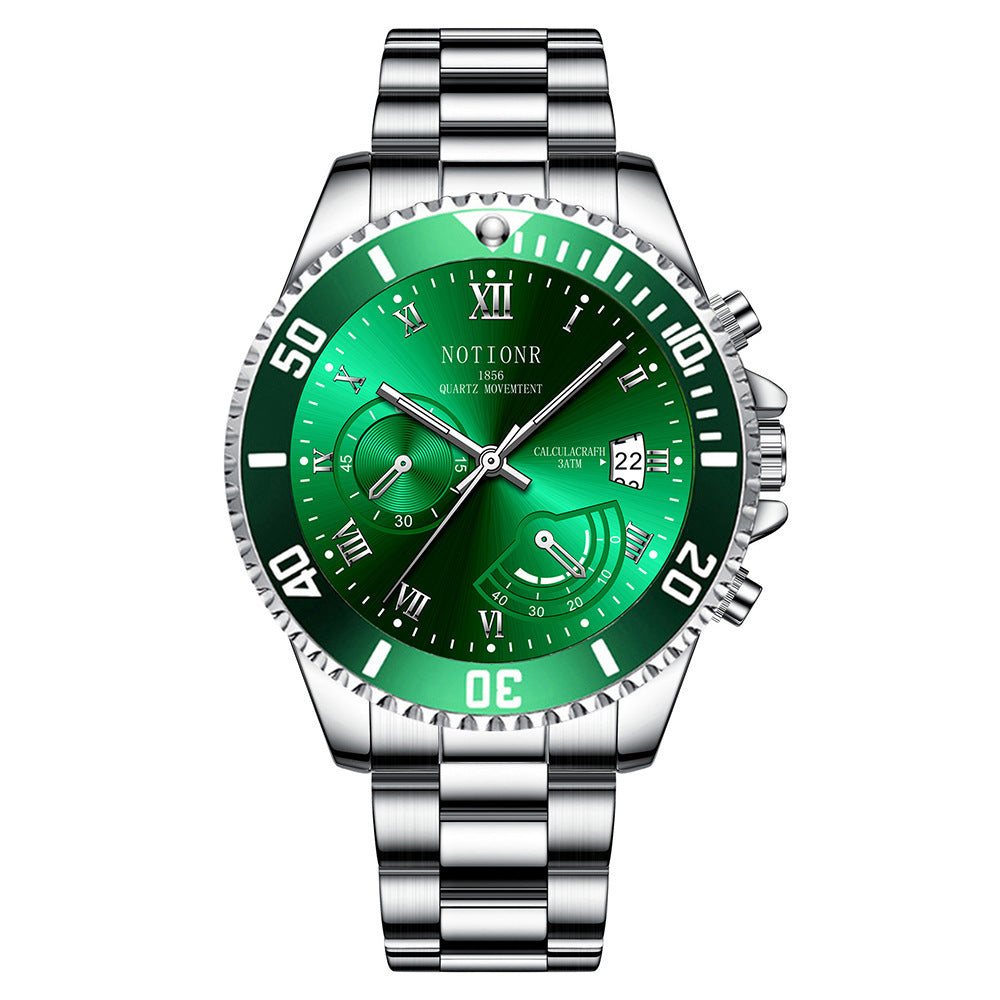 Reloj de cuarzo con calendario luminoso de acero inoxidable resistente al agua y a la moda de Submariner verde